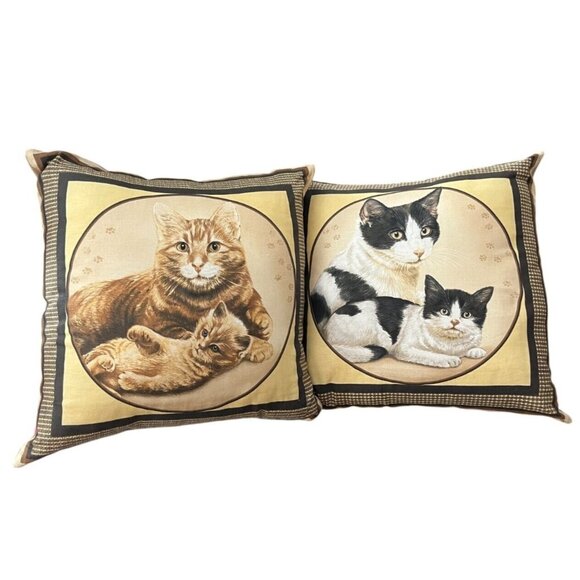 Vintage Cat Kitten Throw Pillows Square 16" x 16" Brown Microfibre Set of 2 - Picture 1 of 5